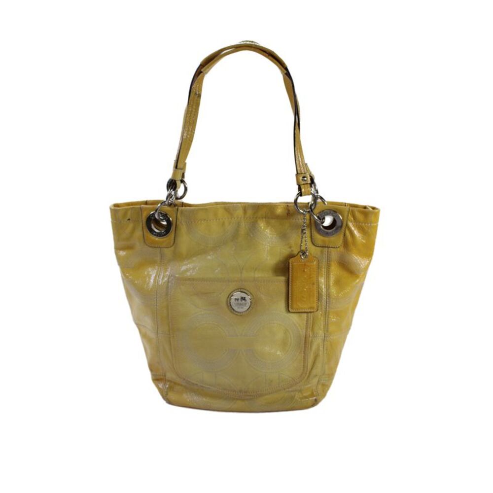 Coach Womens Patent Leather Alex Stitched Shoulder Handbag Yellow